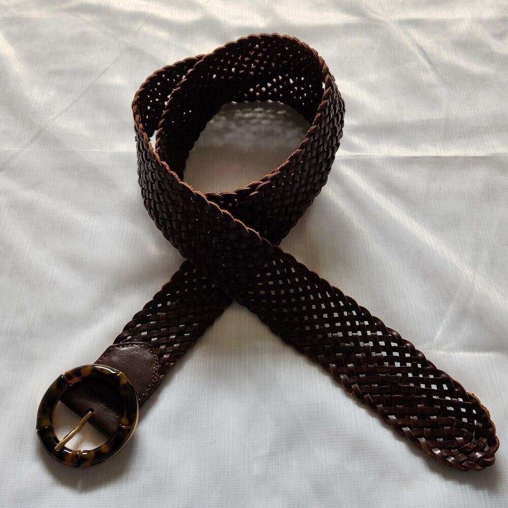 Chico's Bailey Belt Women 54 3/4" Brown Leather Braid Faux Tortoise Shell Buckle